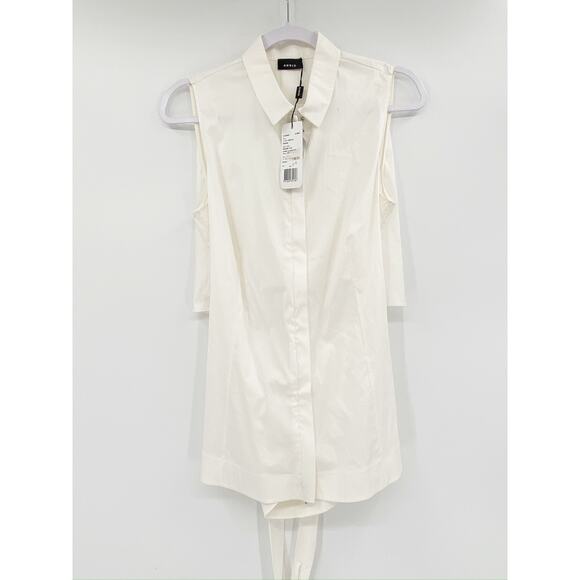 Akris Ecru White Belted Sleeveless Poplin Cape Back Tunic Blouse Size 12 NWT - Picture 2 of 7